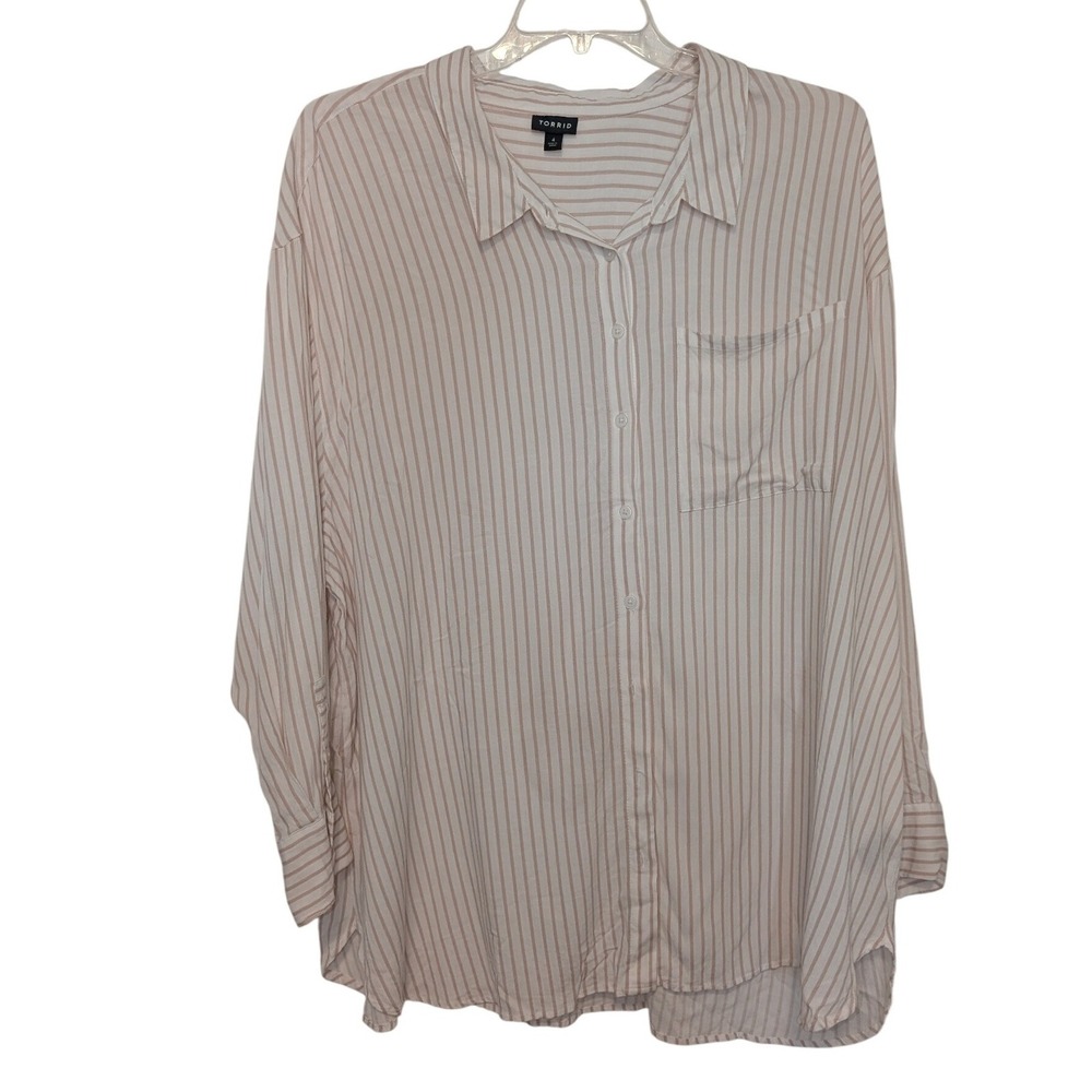Torrid Women's 4X Beige Striped Long Sleeve Button Up Shirt‎ Top